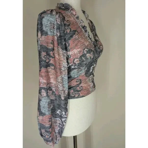 Self Contrast Corset Crop Top Ruffle Collar Balloon Sleeve Size XS Floral Boho - Picture 4 of 6